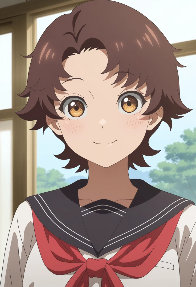 masterpiece, best quality, amazing quality, absurdres, anime coloring, 1girl, solo, (portrait:1.2), kannaww, brown eyes, brown hair, short hair, parted bangs, school uniform, serafuku, black sailor collar, red neckerchief, white shirt, looking at viewer, smile, indoors, day, skindentation, detailed clothing folds, depth of field, sharp, high contrast, dynamic light <lora:Kusakabe_Kanna_Chuzenji-sensei_Mononoke_Kogiroku_ill:0.9>