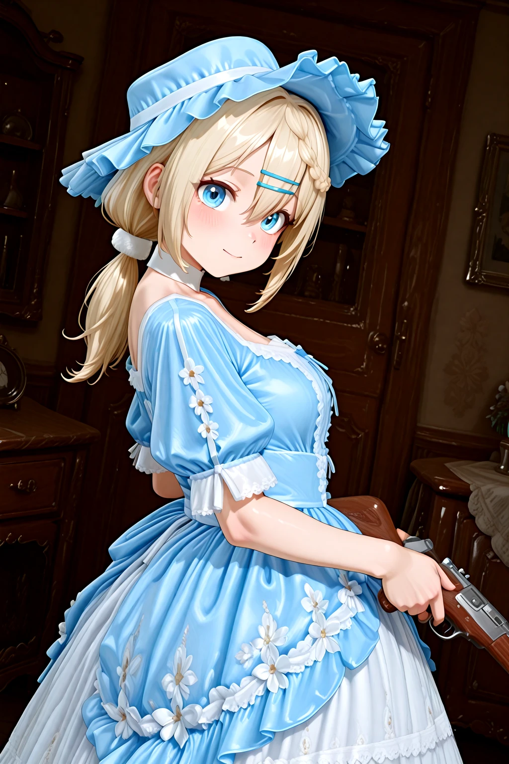 masterpiece, best quality, amazing quality, 1girl, solo, makeup, general, cowboy shot, looking at viewer, blush, dramatic angle, smile, shy, cute, in laboratory, from side, <lora:GF2_Papasha:1>, GF2_Papasha, blonde hair, hairclip, long hair, blue eyes, low twintails, braid, braided bangs, hair between eyes, breasts, <lora:Blue_Rococo_Style_Vintage_Masquerade_Dress:1.1>, Blue_Rococo_Style_Vintage_Masquerade_Dress, white dress, blue dress, gown, long dress, blue headwear, bonnet, frills, lace trim, lace, short sleeves, puffy sleeves, floral print, weapon, gun, rifle, holding weapon, magazine(weapon), <lora:wai-A3-V140:1>, <lora:illustrious_noobai_epsilon_pred_1_masterpieces_v1:1>