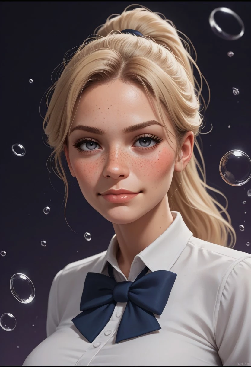 score_9, score_8_up, score_7_up, masterpiece, high_quality, highres, depth_of_field, subject_focus, 8K, portrait, woman, student_uniform, bowtie, white_ruffled_blouse, blonde_hair, messy_hair, long_hair, ponytail, gray_eyes, eylelashes, freckles, white_thighhighs, large breasts, perky breasts, agedup, 21yo, woman, mature, smirk, horny, aroused, solo, thin, petite, skinny, athletic, horny, 1frame, , relaxed_breasts, sexy_pose, resting_on_one_knee, looking at viewer, uwu, blush dynamic_angle, cinematic_angle, black_background, white_background, purple_background, gold_accents, abstract, dreamlike, splash, circles, border_frame