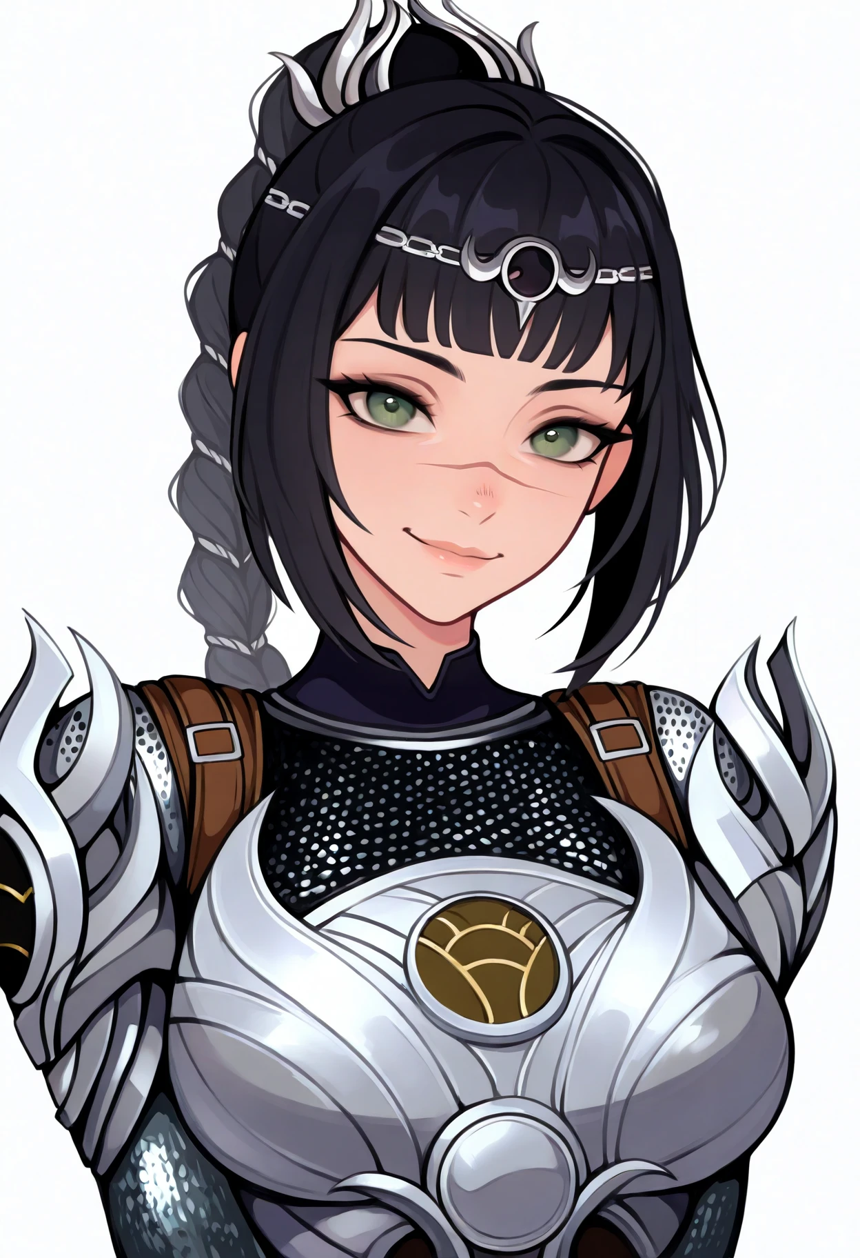 best quality, amazing quality, very aesthetic, absurdres,
1girl, solo, shadowheart, black hair, braided ponytail, green eyes, scar on face, circlet, armor, large breasts,
smile, looking at viewer, upper body, simple background, white background, <lora:ShadowHeartIllustrious_byKonan:0.8>, <lora:VivianValentinNoob_byKonan:1>