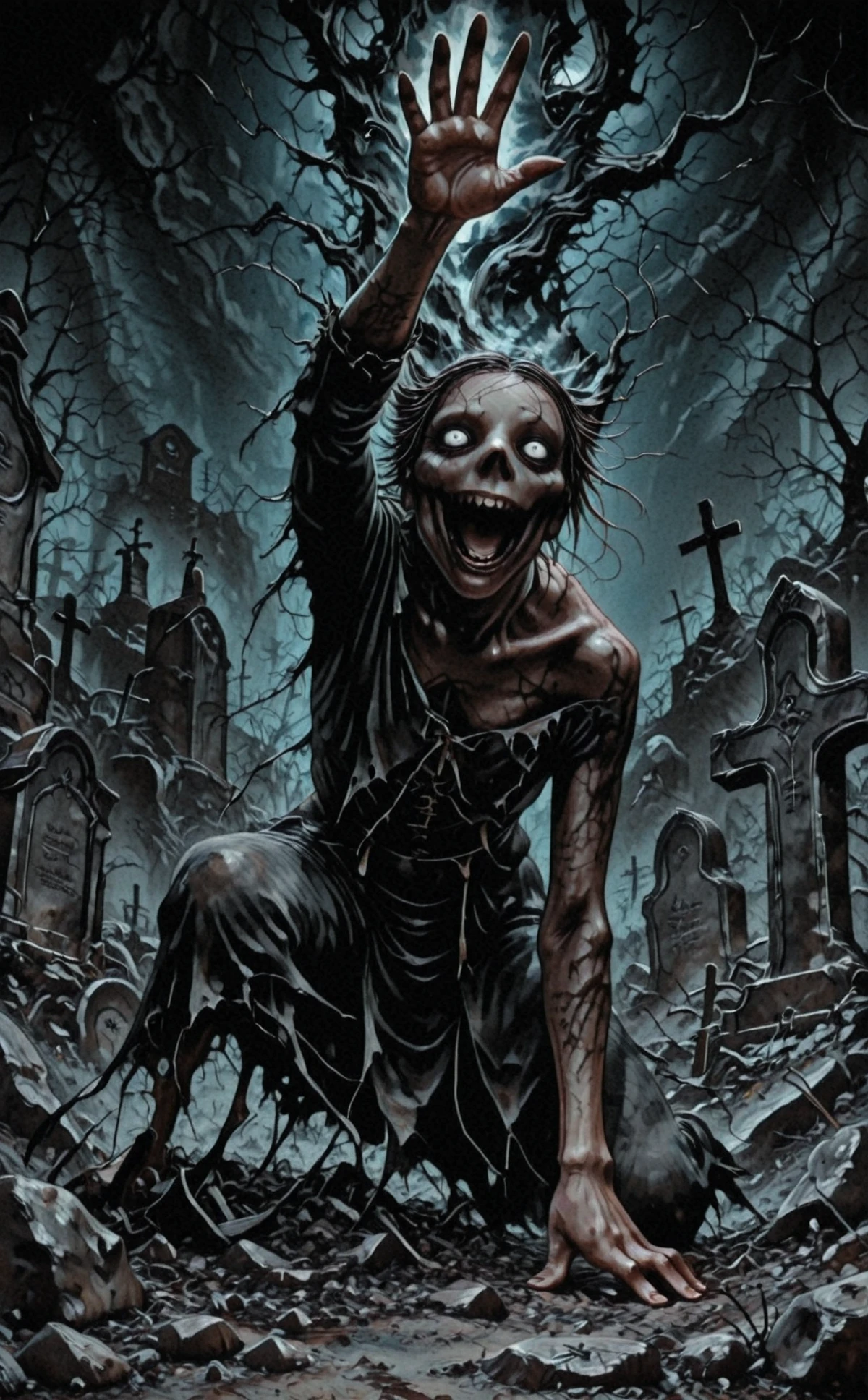 xpm style, zombie, grave, low angle, close up, crawling, emerging from ground, one arm outstretched towards viewer, outstretched arm, dynamic pose, solo, horror comic style, graveyard, tombstone, night, dramatic lighting, dark, highres, masterpiece, line art,