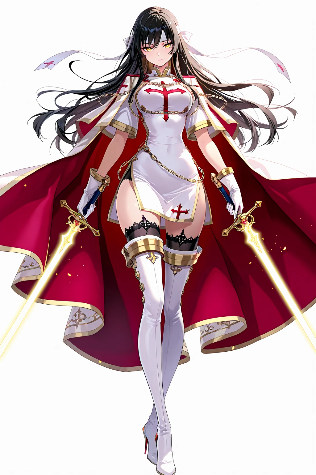 a beautiful and detailed image of meru , merunyaa,(red skin:1.3), horns,clothed,(freckles), flowing white dress,backlighting, field of flowers, holding flower, flower hair accessory, yellow eyes,smile, clouds,in front, alone, pants, medium breast,, knife holding, cloak, cape, walking, pants, solo, flip flops boots, full body, big breast