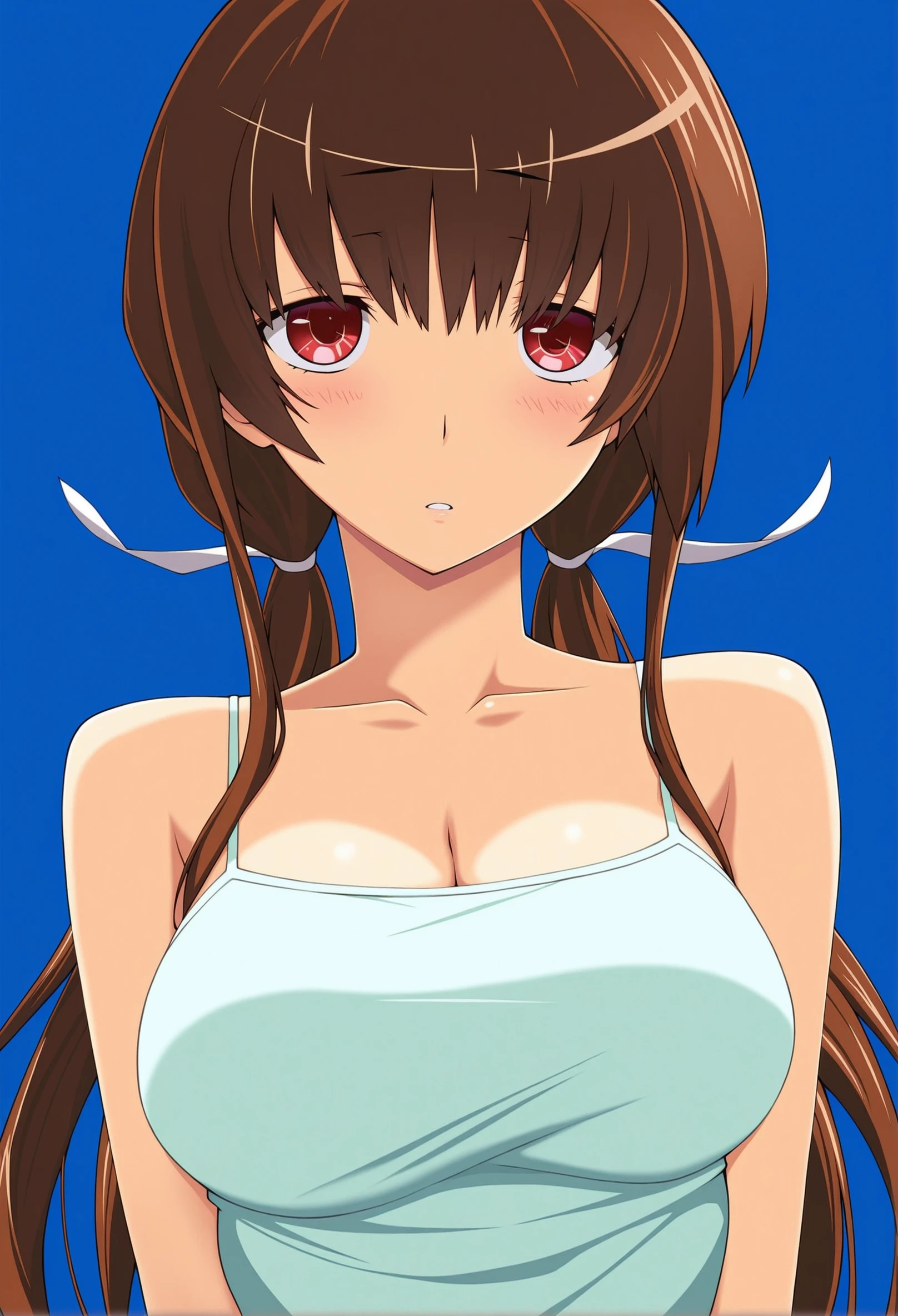 (anime cels style, best quality, high resolution, megami magazine, anime poster style, sharp, 8k, photorealistic), (beautiful eyes:1.2), (kondou_taeko:1.5, Girls und Panzer), 1girl, brown medium hair, brown eyes, (red Headband on forehead:1.5), (large breast), (red bikini), upper body, (perfect detailed anatomy, beautiful face, perfect body, perfect arms, shiny skin), sunshine, bluesky