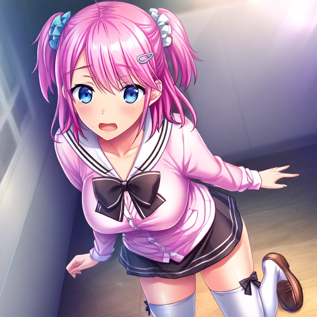 (NFSR8k, highest quality, masterpiece:1.2), Very detailed, (High brightness:1.3), (High Contrast:1.1), (High chroma:1.1), (Anime screenshots:1.20), ((one person)), ((one personの身長140㎝幼女:1.5)), ((hair ornaments:1.2)), Hair between the eyes, Pink Hair, bangs, ((Twin tail hair)), Black Hair, Green Eyes, skin, (((Both sides up:1.10))), ((Beautiful Eyes:1.2)), (cute eyes:1.2), ((Eye for details:1.5)), cute, (((((Orgasm ecstatic ahegao:1.30))))), (((((Big Breasts:1.30))))), (((Puffy nipples))), (((((A very torn white school uniform:1.70))))), ((the body is slim:1.10)), ((blush)), ((Standing on tiptoes:1.5)), (Outdoor, Slums, Day), ((whole body:1.2)), (cute smile:1.5, Open your mouth), ((Squat:1.5, Spread your legs:1.5)), (Shiny skin:1.10), (Oilskin:1.5), ((Very seating:1.10)), (((Grabbing her right breast obscenely with her right hand:1.25, Grabbing her left breast obscenely with her left hand:1.25)))), ((Basic structure of the human body:1.35)), ((tsurime:1.10)), ((((Massive vaginal ejaculation:1.20, Insert a 30cm thick penis into the deepest part of the vagina:1.10, 30cm thick penis rubbing inside the vagina:1.10, OrgasmPussy:1.10))))