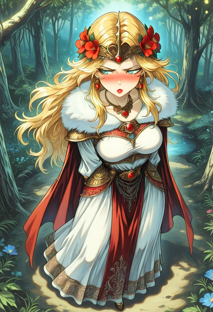 FantasySlavicMS, 1girl, solo, curvy body, pale skin, very long hair, blonde hair, hair ornament, hair flower, headdress, single braid, messy hair, earrings, blue eyes, full lips, makeup, large breast, necklace, long dress, wide sleeves, dress ornament, bracelet, thick thighs, jewelry, rings, armor, beads, fur trim, gem, cape, magic,
masterpiece, best quality, fine details, intricate details, depth of field, subsurface scattering, bokeh, ultra-detailed, very aesthetic, detailed background, newest, scenery, highres, absurdres, colorful, vibrant, glowing, perfect face, 2d, perfect eyes,  vibrant saturated colors, volumetric lighting, sharp, detailed eyes, perfect anatomy,  perfect face, perfect eyes, mature body, clear eyes, beautiful eyes, athletic, curvy body, athletic girl, perky tits, perfect tits, round breasts, pinup pose, teasing, lustful expression, perfect hands, 
muscular female, dutch angle,  dynamic pose,
nature, flowers, trees,  
traight-on, from below, cowboy shot, teasing pose, seductive pose, (full body, :1.2), (from above, :1.2), standing, arms behind back, turning away, detailed eyes, looking down, avoiding eye contact, looking to the side, makeup, mascara, rouge \(makeup\), thick lips, red lips, lipstick, full-face blush, embarrassed, (sulking, :1.2), pout, glossy skin, detailed skin, skindentation,
,Smooth Negative, Smooth_Quality,
dark_fantasy_style, dark fantasy, retro,