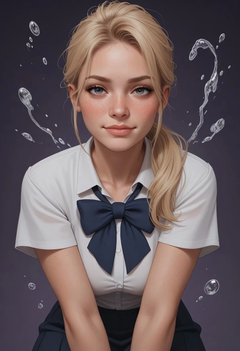 score_9, score_8_up, score_7_up, masterpiece, high_quality, highres, depth_of_field, subject_focus, 8K, portrait, woman, student_uniform, bowtie, white_ruffled_blouse, blonde_hair, messy_hair, long_hair, ponytail, gray_eyes, eylelashes, freckles, white_thighhighs, large breasts, perky breasts, agedup, 21yo, woman, mature, smirk, horny, aroused, solo, thin, petite, skinny, athletic, horny, 1frame, , relaxed_breasts, sexy_pose, resting_on_one_knee, looking at viewer, uwu, blush dynamic_angle, cinematic_angle, black_background, white_background, purple_background, gold_accents, abstract, dreamlike, splash, circles, border_frame