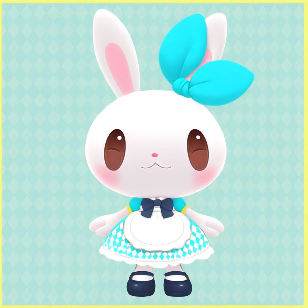 (anthro, furry, furry female) princess pring, rabbit, (white skin, white fur, bodyfur), white rabbit ears, white rabbit snout, rabbit nose, big eyes, dot eyes, brown eyes, blush, aqua white and yellow collared argyle print dress, aqua argyle print, (aqua argyle print on collared dress), white peter pan collar, aqua puffy short sleeves, yellow trim, (yellow trim on puffy short sleeves), white lace, white lace trim, white frilled waist apron, bows, aqua bow, hair_ribbon, ear ornament, ribbon tied around ear, dark blue bowtie, white socks, dark blue mary janes shoes