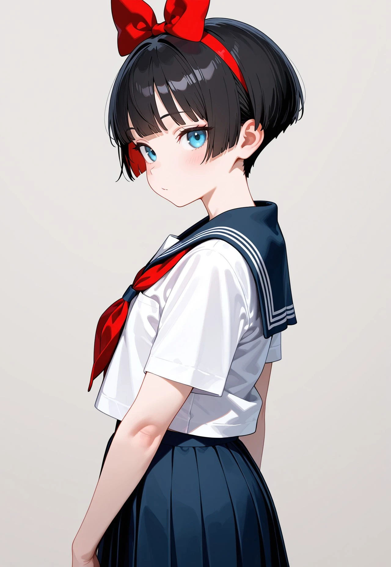 masterpiece,extremely detailed,best quality,amazing quality,newest,absurdres,highres, 1boy , hair bow on top of head, red bow, bowl cut, very short hair, serafuku, skirt, standing, arms at side, looking side, looking side direction, close to viewer BREAK, (from side:1.1), no background