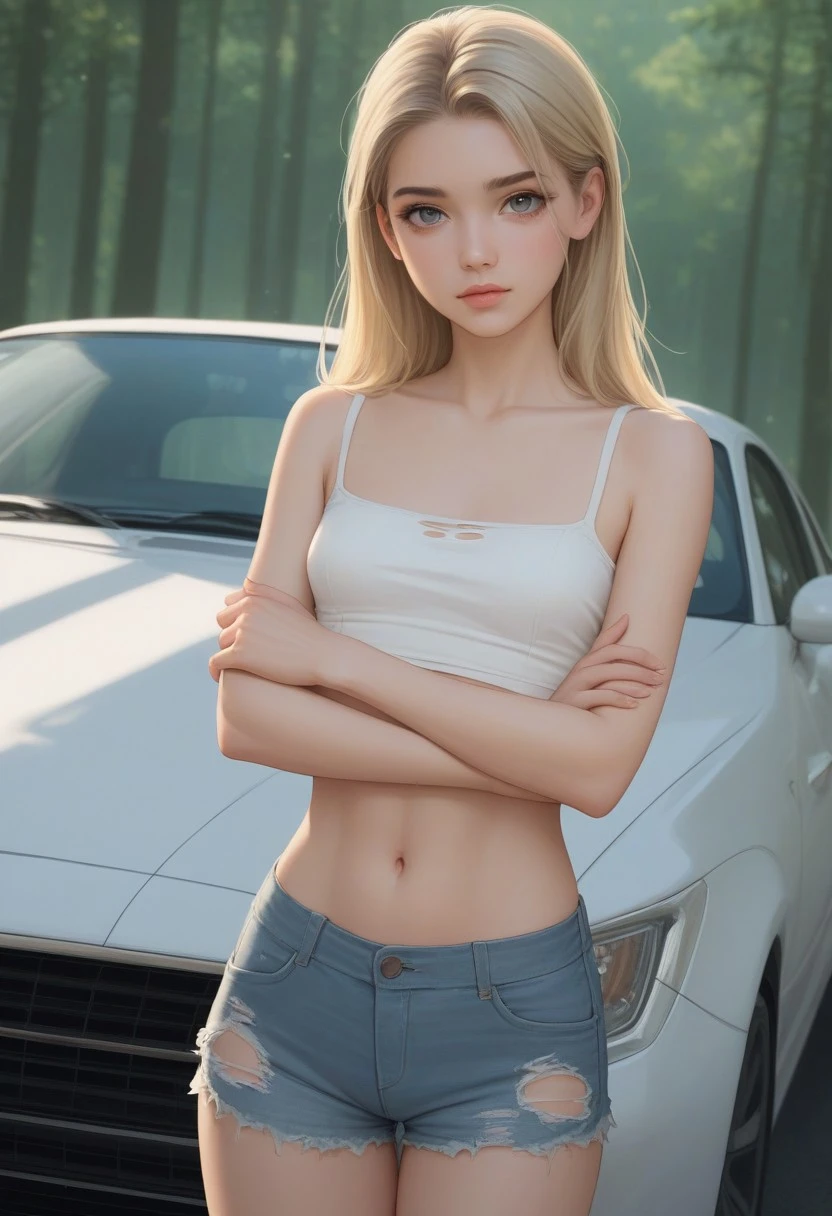 score_9, score_8_up, score_7_up, 1girl, 18yo white caucasian girl, (blonde hair), long hair, pastel colors, high res image, masterpiece, petite, small breasts, beautiful breasts, sensual, looking at viewer, daring, perfect face, cute face, extremely cute, plain white crop top, midriff, hint of cleavage, tight jean shorts, torn denim, arms crossed, in front of a silver car, sedan, forest driveway