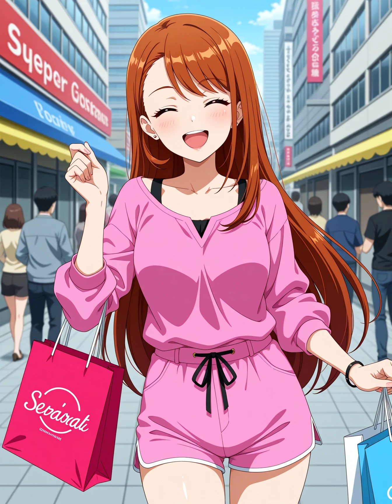 <lora:dmd2-lighting8step_cfg1.5:1>,official style,masterpiece,best quality,newest,very aesthetic,highly detailed,high resolution,absurdres,highres,depth of field,super detailed skin,very awa,Anime,anime coloring,anime screencap,<lora:Cure_Butterfly_V1:1>,hijiri ageha,purple eyes,long hair,brown hair,jewelry,earrings,asymmetrical bangs,swept bangs,stud earrings,medium breasts,casual,shorts,smile,posing,city,closed eyes,open mouth,shopping,