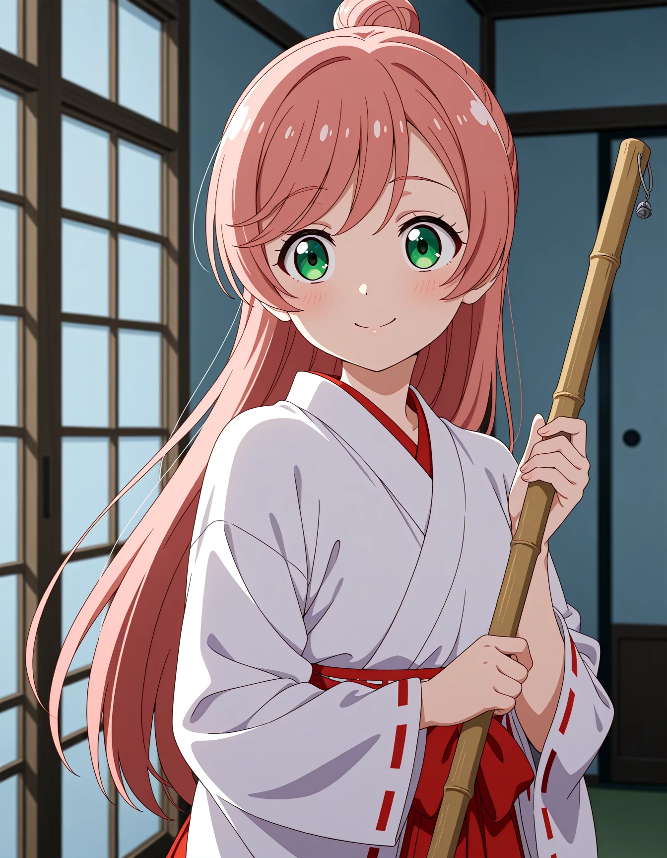 <lora:dmd2-lighting8step_cfg1.5:1>,official style,masterpiece,best quality,newest,very aesthetic,highly detailed,high resolution,absurdres,highres,depth of field,super detailed skin,very awa,Anime,anime coloring,anime screencap,<lora:Cure_Prism_V1:1>,nijigaoka mashiro,green eyes,long hair,pink hair,hair bun,small breasts,smile,miko,holding_broom,