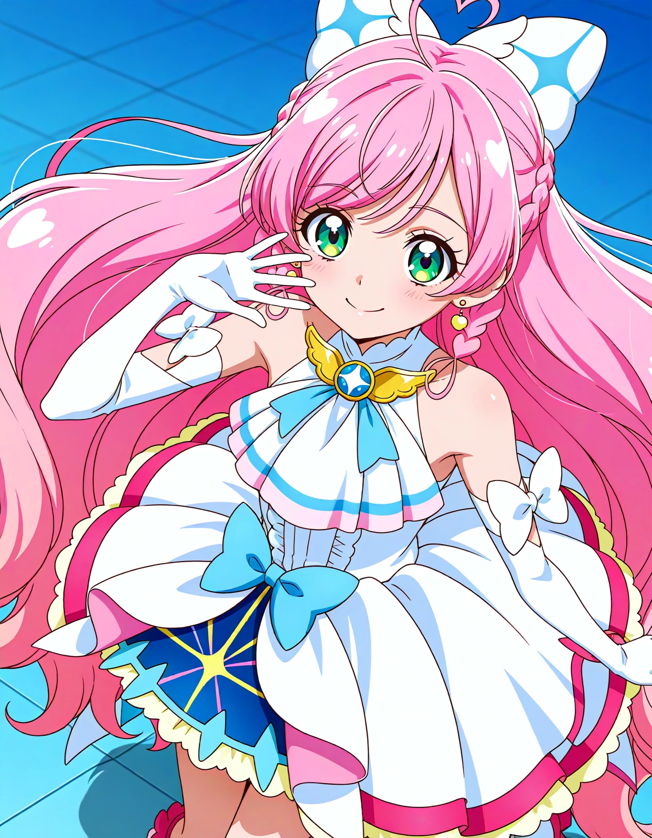 <lora:dmd2_sdxl_4step:1>,1girl,official style,masterpiece,best quality,newest,very aesthetic,highly detailed,high resolution,absurdres,highres,depth of field,super detailed skin,very awa,Anime,anime coloring,anime screencap,<lora:Cure_Prism_V1:1>,cure prism,solo,green eyes,long hair,very long hair,pink hair,braid,side braids,twin braids,heart ahoge,heart earrings,hair bow,magical girl,brooch,wing brooch,jewelry,white dress,short dress,sleeveless dress,layered dress,bow,blue bow,white bow,ascot,white ascot,gloves,elbow gloves,sleeveless,white gloves,white footwear,posing,smile,