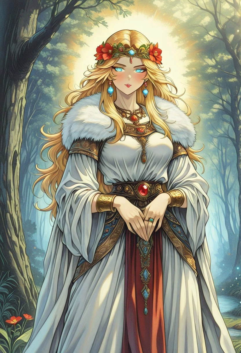 FantasySlavicMS, 1girl, solo, curvy body, pale skin, very long hair, blonde hair, hair ornament, hair flower, headdress, single braid, messy hair, earrings, blue eyes, full lips, makeup, large breast, necklace, long dress, wide sleeves, dress ornament, bracelet, thick thighs, jewelry, rings, armor, beads, fur trim, gem, cape, magic,
masterpiece, best quality, fine details, intricate details, depth of field, subsurface scattering, bokeh, ultra-detailed, very aesthetic, detailed background, newest, scenery, highres, absurdres, colorful, vibrant, glowing, perfect face, 2d, perfect eyes,  vibrant saturated colors, volumetric lighting, sharp, detailed eyes, perfect anatomy,  perfect face, perfect eyes, mature body, clear eyes, beautiful eyes, athletic, curvy body, athletic girl, perky tits, perfect tits, round breasts, pinup pose, teasing, lustful expression, perfect hands, 
muscular female, dutch angle,  dynamic pose,
nature, flowers, trees, 
,Smooth Negative, Smooth_Quality,
dark_fantasy_style, dark fantasy, retro,