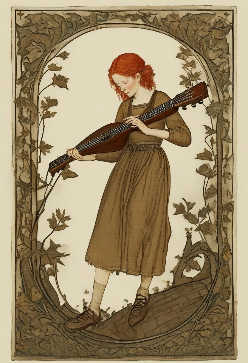 detailed, best quality, aestethic, full body, 1girl, red hair, skinny, standing, on a branch, leaves, medieval clothes, open mouth, determined, furrowed eyebrows, bent forward, turned head, detailed hands, correct hands, (dynamic pose), tilted midsection, playing guitar, (dutch angle), (side view), drawing, simple background, 2d, flat colors, (antiqued), blots,