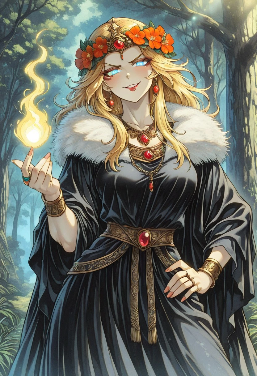 FantasySlavicMS, 1girl, solo, curvy body, pale skin, very long hair, blonde hair, hair ornament, hair flower, headdress, single braid, messy hair, earrings, blue eyes, full lips, makeup, large breast, necklace, long dress, wide sleeves, dress ornament, bracelet, thick thighs, jewelry, rings, armor, beads, fur trim, gem, cape, magic,
masterpiece, best quality, fine details, intricate details, depth of field, subsurface scattering, bokeh, ultra-detailed, very aesthetic, detailed background, newest, scenery, highres, absurdres, colorful, vibrant, glowing, perfect face, 2d, perfect eyes,  vibrant saturated colors, volumetric lighting, sharp, detailed eyes, perfect anatomy,  perfect face, perfect eyes, mature body, clear eyes, beautiful eyes, athletic, curvy body, athletic girl, perky tits, perfect tits, round breasts, pinup pose, teasing, lustful expression, perfect hands, 
muscular female, dutch angle,  dynamic pose,
nature, flowers, trees,  
upper body, standing, contrapposto, hand on hip, beckoning, come hither, hand up, head tilt, chin up, taunting, glowing eyes, facing viewer, looking at viewer, glaring at viewer, arrogant, devilish, evil grin
,Smooth Negative, Smooth_Quality,
dark_fantasy_style, dark fantasy, retro,