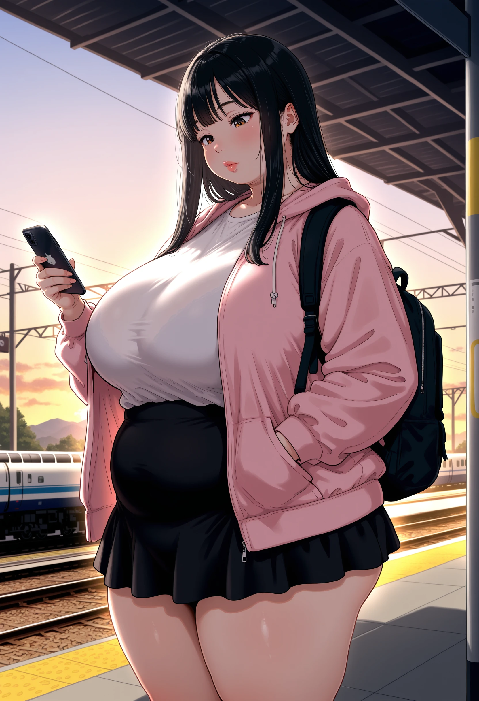 (sfw),masterpiece,photorealistic,ultra detailed,curvy and mature woman,((((thick lips)))),pouting,mascara eyelashes,huge breasts,formal dress,navel-baring,in the ful view of the public,humid,((flying heart shapes)),black wavy hair,blunt bangs,(breast milk),afterglow,empty eyes,pregnant,heart-shaped pupils,((milk dripping from her crotch)),at the airport,
