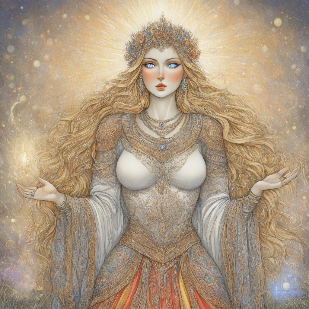 FantasySlavicMS, 1girl, solo, curvy body, pale skin, very long hair, blonde hair, hair ornament, hair flower, headdress, single braid, messy hair, earrings, blue eyes, full lips, makeup, large breast, necklace, long dress, wide sleeves, dress ornament, bracelet, thick thighs, jewelry, rings, armor, beads, fur trim, gem, cape, magic, masterpiece, best quality, fine details, intricate details, depth of field, subsurface scattering, bokeh, ultra-detailed, very aesthetic, detailed background, newest, scenery, highres, absurdres, colorful, vibrant, glowing, perfect face, 2d, perfect eyes, vibrant saturated colors, volumetric lighting, sharp, detailed eyes, perfect anatomy, perfect face, perfect eyes, mature body, clear eyes, beautiful eyes, athletic, curvy body, athletic girl, perky tits, perfect tits, round breasts, pinup pose, teasing, lustful expression, perfect hands, muscular female,