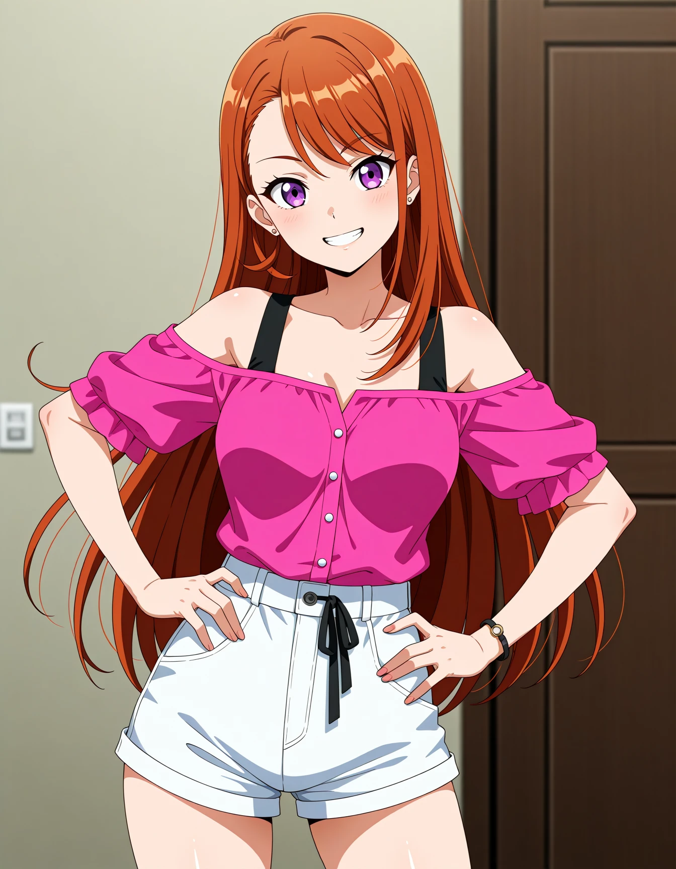 <lora:dmd2-lighting8step_cfg1.5:1>,official style,masterpiece,best quality,newest,very aesthetic,highly detailed,high resolution,absurdres,highres,depth of field,super detailed skin,very awa,Anime,anime coloring,anime screencap,<lora:Cure_Butterfly_V1:1>,hijiri ageha,purple eyes,long hair,brown hair,jewelry,earrings,asymmetrical bangs,swept bangs,stud earrings,medium breasts,casual,shorts,smile,posing,