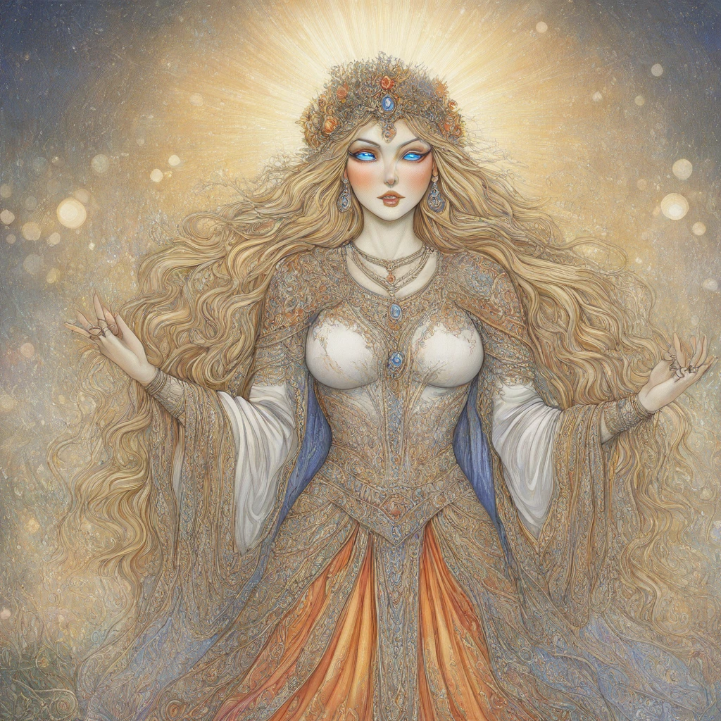 FantasySlavicMS, 1girl, solo, curvy body, pale skin, very long hair, blonde hair, hair ornament, hair flower, headdress, single braid, messy hair, earrings, blue eyes, full lips, makeup, large breast, necklace, long dress, wide sleeves, dress ornament, bracelet, thick thighs, jewelry, rings, armor, beads, fur trim, gem, cape, magic, masterpiece, best quality, fine details, intricate details, depth of field, subsurface scattering, bokeh, ultra-detailed, very aesthetic, detailed background, newest, scenery, highres, absurdres, colorful, vibrant, glowing, perfect face, 2d, perfect eyes, vibrant saturated colors, volumetric lighting, sharp, detailed eyes, perfect anatomy, perfect face, perfect eyes, mature body, clear eyes, beautiful eyes, athletic, curvy body, athletic girl, perky tits, perfect tits, round breasts, pinup pose, teasing, lustful expression, perfect hands, muscular female,