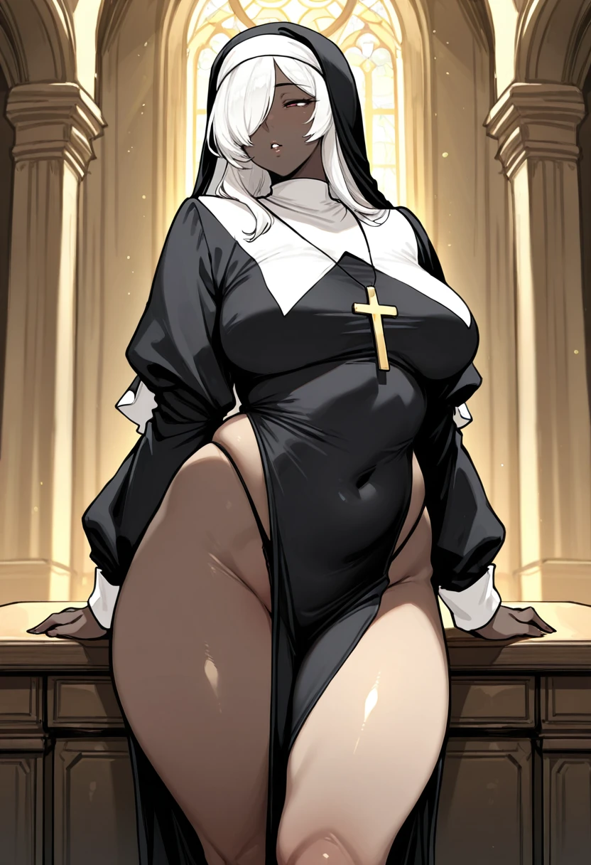 Chubby Black girl, Mature adult woman, big ass 1:9, big 1:9, (((masterpiece))), score_9, score_8, score_7, thick thighs, Fleshy pussy, large vaginal lips, ((high quality)), penetrating gaze, sexual scene, hot woman, (((Black skin))), black pussy, big black nipples, (((Nun in white transparent dress))), focus on the woman, sexy black girl, huge clitoris, At church, White transparent dress, cameltoe clothed on dress, Chubby girl