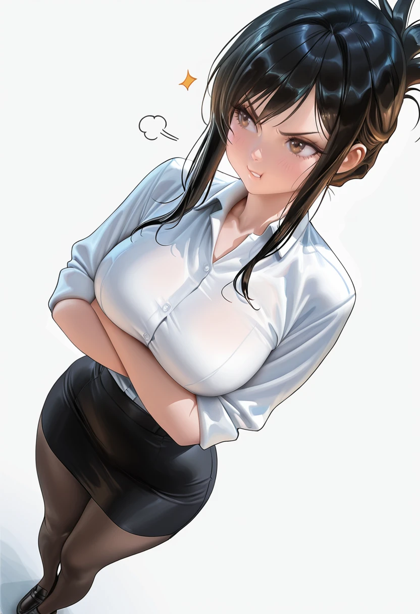 (1 person、alone), Beautiful woman, (Anatomically perfect body, Slender、(OL, office lady:1.2)、((Short sleeve blouse、Best、Pencil Skirt))、 (Look down, face down)、 years old、(Highest quality)、Black Hair, (half updo:1.2), (Inner thighs, Leaning forward:1.1)、(Are standing)、(office)、(8K, High resolution)、(shy:1.4)、small breast, (steam:1.1), (embarrassed:1.3)、High definition face、(Pussy juice:1.2), (Hug your chest), (Close ~ eyes)