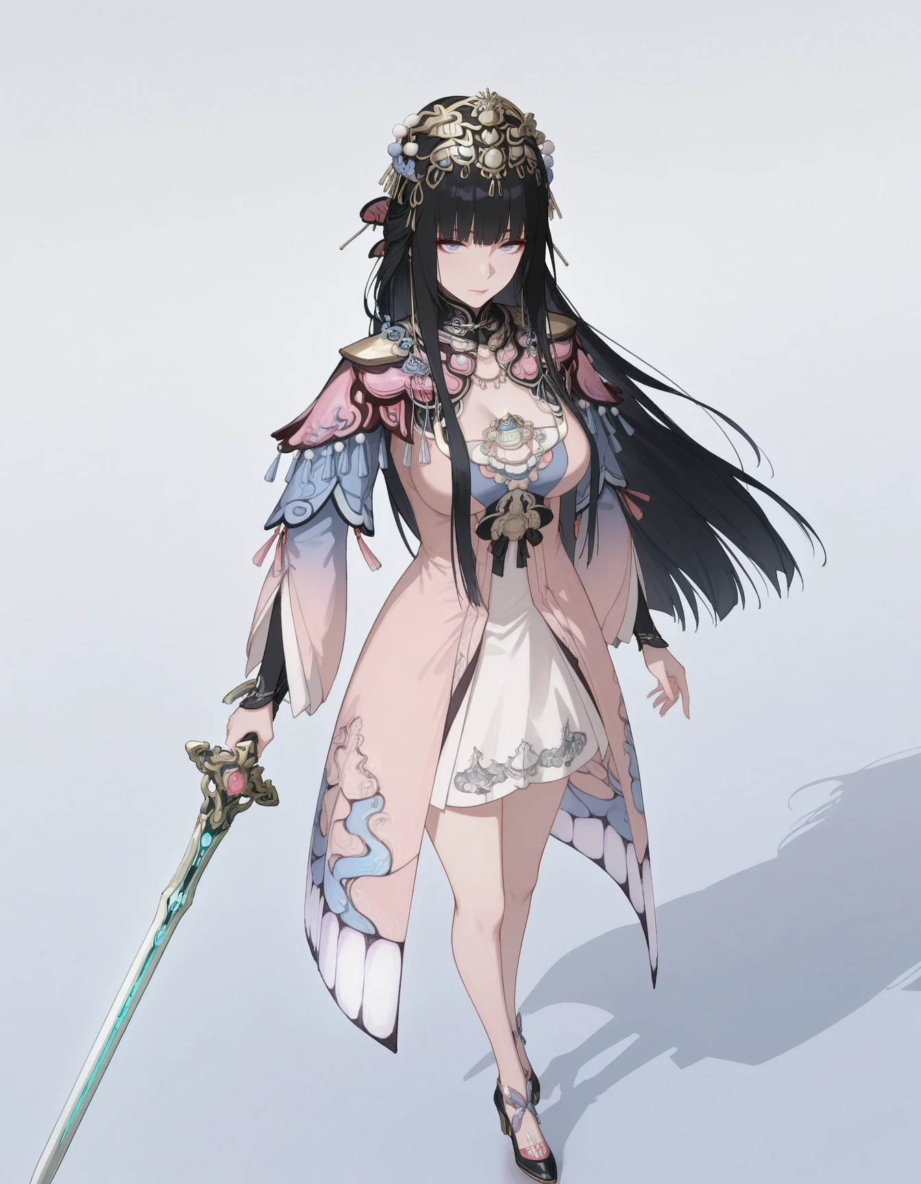 masterpiece,best quality,amazing quality,very aesthetic,high resolution,ultra detailed,perfect details,
1girl,solo,standing,closed_mouth,looking_at_viewer,full_body,<lora:mai_pgr_qu_lysh:1>,mai_pgr_qu_lysh,mature female,(age_up:2) very_long_hair,black_hair,long_sleeves,headdress,hair_ornament,pink_dress,blunt_bangs,bare_legs,high_heels,holding_great_sword,<lora:69yottea_illu_v2:1>,69yotte4_illu,from above,