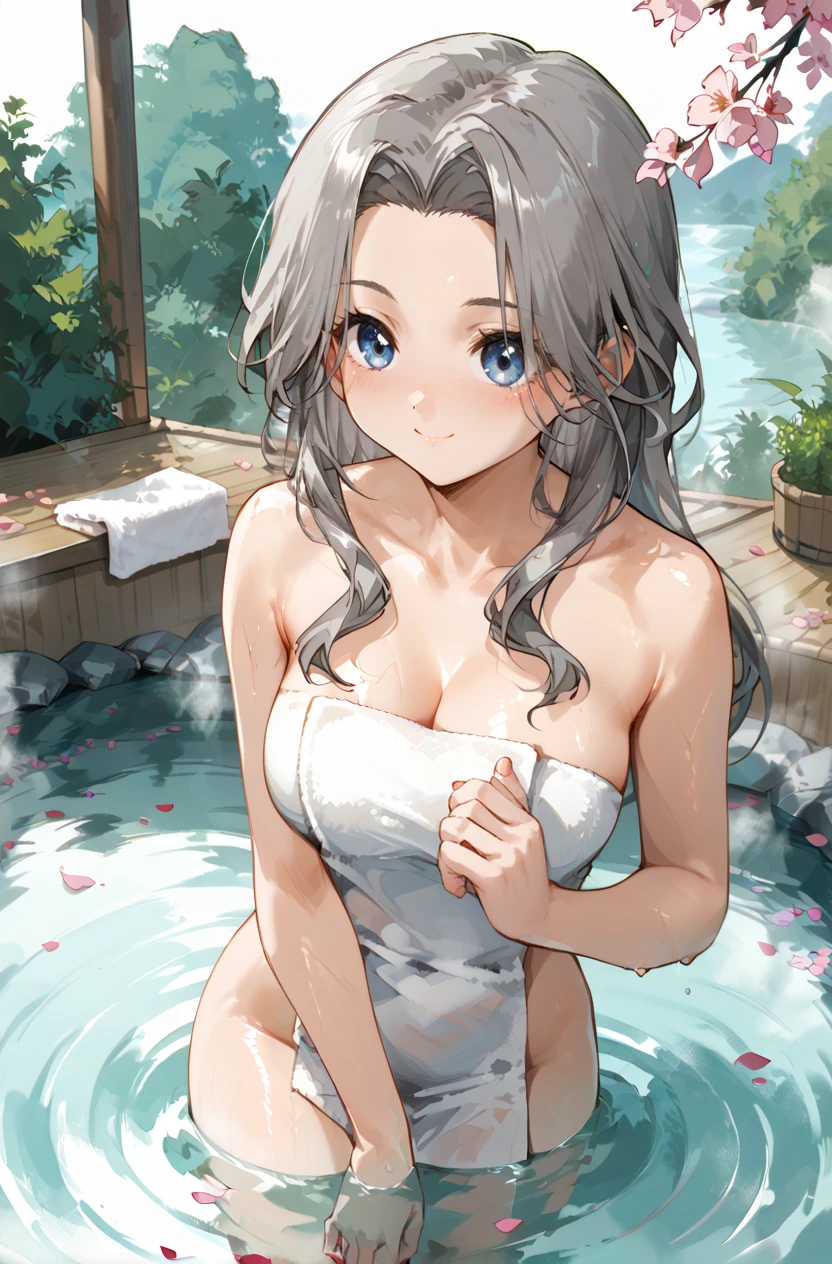Silver-haired girl drawn in high resolution Japanese anime style、Realistic background blur that looks like it was taken with a high-performance camera.、Please provide high quality illustrations........。Beautiful woman soaking in a hot spring with a relaxed expression.、The steam rising from the bathtub is beautifully depicted...............。Attention to detail in hair and skin、Enjoy the natural texture。Communicating the atmosphere of a hot spring town、Please also draw the surrounding scenery and hot spring facilities...............。Highlight that the beautiful girl is wearing a white bikini。。。、Please draw an illustration that captures her charm...............。Wakame seaweed、Wakame seaweed、Wakame seaweed、Wakame seaweed、Wakame seaweed、Wakame seaweed、