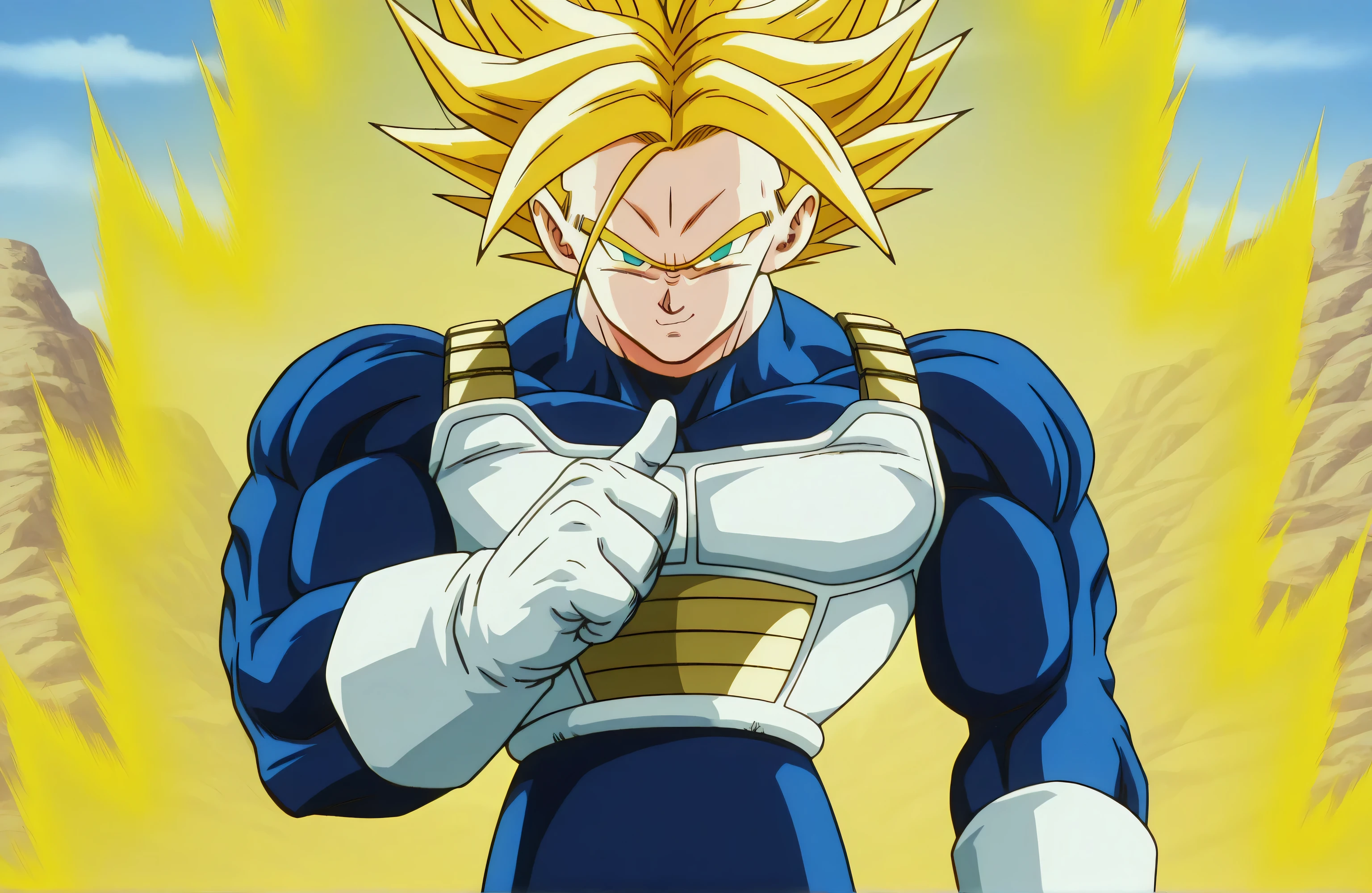 vegetapose, pointing at self, pointing with thumb, smirk,masterpiece, best quality, very awa, absurdres, flat colors, masterpiece, lineless,Rom@_ArtStyle, SSGTFutureTrunks, 1boy, spiked hair, yellow hair, super saiyan, blue eyes, saiyan armor, blue bodysuit, white gloves, boots, two tone footwear, white footwear, muscular, massive muscles, very muscular, hyper muscles, oversized muscles, thick arms thick forearms, thick legs, huge pectorals, clothed muscles, vegetapose, pointing at self, pointing with thumb, smirk, tight clothes, upper body, cowboy shot, solo, no pupils, no veins, shiny clothes, shiny hair, aura, yellow aura, mountains and vegetation in the background, dbsb,
