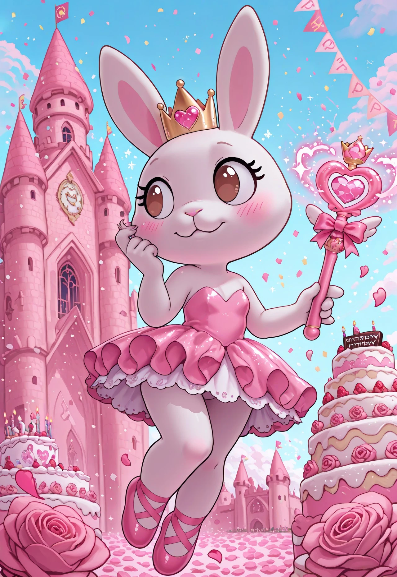 (cutecore, kawaiicore) 1girl, (anthro, furry, furry female) princess pring, rabbit, (white skin, white fur, bodyfur), white rabbit ears, white rabbit snout, rabbit nose, big eyes, dot eyes, brown eyes, blush, (in midair, twirling, pirouette), magic wand, holding magic wand, staff, (hot pink and white gilded rose-shaped ribboned wand), hot pink ribbon, heart-shaped gem, (ribboned heart-shaped gem attached to gilded rose-shaped wand), ballerina, hot pink pink strapless sleeveless ballerina dress,  shoulders, hot pink frilly tutu, gold crown, pink ballet slippers, ((detailed scenery, detailed background)), pastel colors, outside, afternoon, candyland, birthday party kingdom, (floating flower petals, pink rose petals, casting sparkly magic,  pastel architecture, castle, food, cake, birthday cake, candy, chocolate, glossy sparkly balloons, confetti, string of flags, hearts, sparkles, glitter)