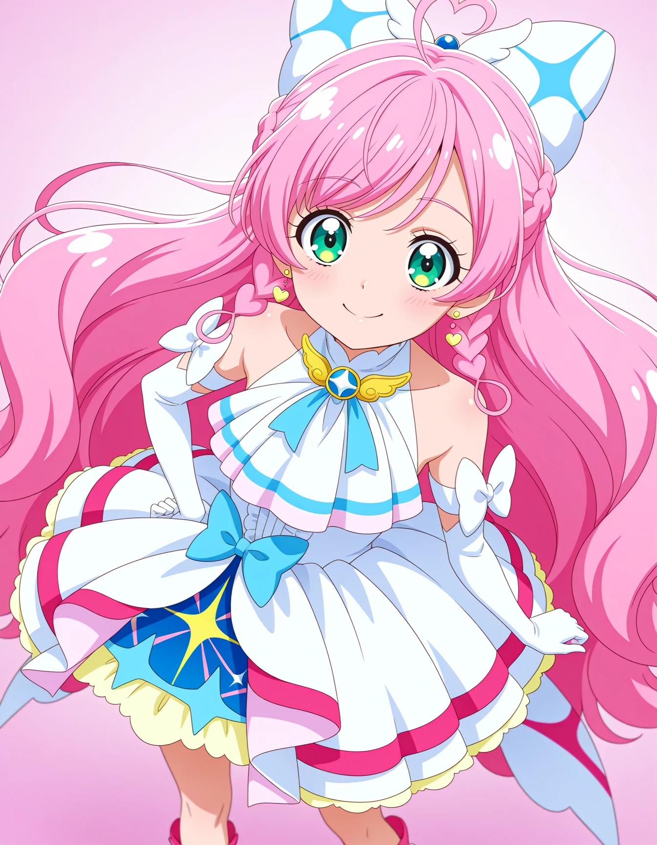 <lora:dmd2-lighting8step_cfg1.5:1>,1girl,official style,masterpiece,best quality,newest,very aesthetic,highly detailed,high resolution,absurdres,highres,depth of field,super detailed skin,very awa,Anime,anime coloring,anime screencap,<lora:Cure_Prism_V1:1>,cure prism,solo,green eyes,long hair,very long hair,pink hair,braid,side braids,twin braids,heart ahoge,heart earrings,hair bow,magical girl,brooch,wing brooch,jewelry,white dress,short dress,sleeveless dress,layered dress,bow,blue bow,white bow,ascot,white ascot,gloves,elbow gloves,sleeveless,white gloves,white footwear,(posing:1.4),smile,curtsy,