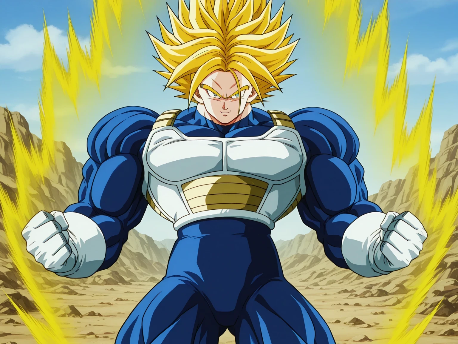 masterpiece, best quality, very awa, absurdres, flat colors, masterpiece, lineless,Rom@_ArtStyle, SSGTFutureTrunks, 1boy, spiked hair, yellow hair, super saiyan, blue eyes, saiyan armor, blue bodysuit, white gloves, boots, two tone footwear, white footwear, muscular, massive muscles, very muscular, hyper muscles, oversized muscles, thick arms thick forearms, thick legs, huge pectorals, clothed muscles, arms at sides, smiling, tight clothes, upper body, cowboy shot, solo, no pupils, no veins, shiny clothes, shiny hair, fighting stance, arms at sides, clenched fists, aura, yellow aura, mountains and vegetation in the background, dbsb,