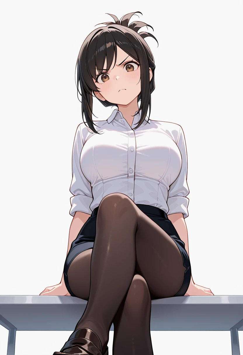 work, Perfect Face, Beautiful Face, beautiful eye, ((Perfect female body)),Large Breasts, alone, suit,blush,Captivating look,Very detailed_eye,Thick thighs,room,((Black Hair)), short hair, Beautifully detailed backgrounds,Depth of written boundary,,BDSM,Skin Dentition,whole body,shirt, pantyhose,