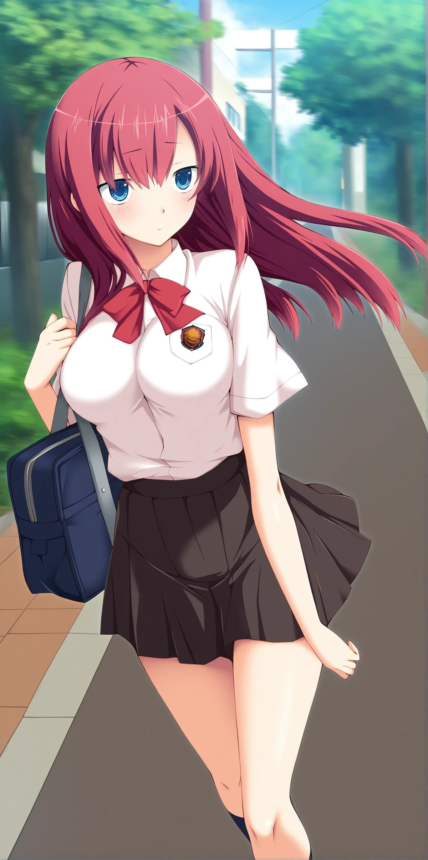 ((masutepiece, Best Quality, hight resolution, nffsw, Perfect Pixel, 4K, nffsw, nffsw))), 1girl in, Single, Solo, Beautie、full body seen、 ((Middle Wave Hair, Bangs, Purple hair)), ((verd s eyes, Beautiful eyelashes, Realistic eyes)), ((Detailed face, Blushing:1.2)), ((Smooth texture:0.75, Realistic texture:0.65, Photorealistic:1.1, Anime CG style)), huge-breasted,big butts、thick thighs、 Dynamic Angle, Perfect body, ((red bowtie, School uniform, , White shirt, Black skirt, plaid skirts)), On the train、Angle from below、A man grabs my ass、very embarrassing panic、:o、(the wind blew my skirt, Exposed out your butt......................、light blue pantie)、