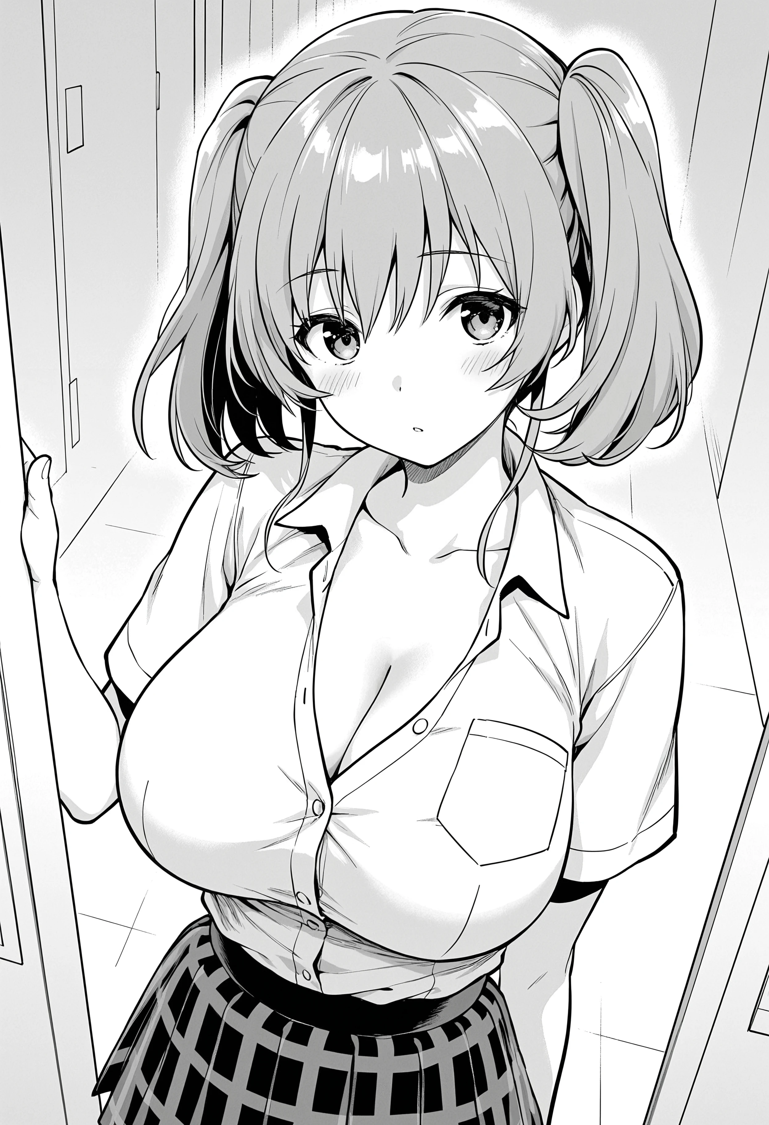 Kousaka honoka, tight shirt, Blushing, room, huge breasts, thighs, looking at viewer, panties, bottomless, standing, navel, arms behind back,NSFW,solo