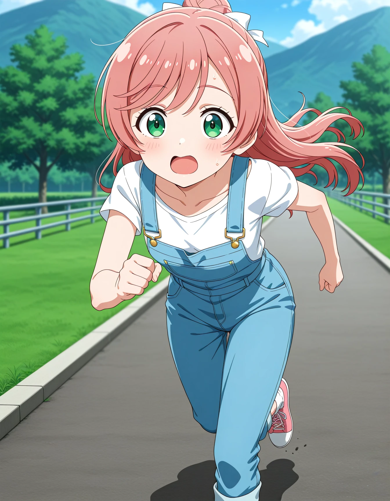 <lora:dmd2-lighting8step_cfg1.5:1>,official style,masterpiece,best quality,newest,very aesthetic,highly detailed,high resolution,absurdres,highres,depth of field,super detailed skin,very awa,Anime,anime coloring,anime screencap,<lora:Cure_Prism_V1:1>,nijigaoka mashiro,green eyes,long hair,pink hair,hair bun,small breasts,overalls,open mouth,tripping,running,