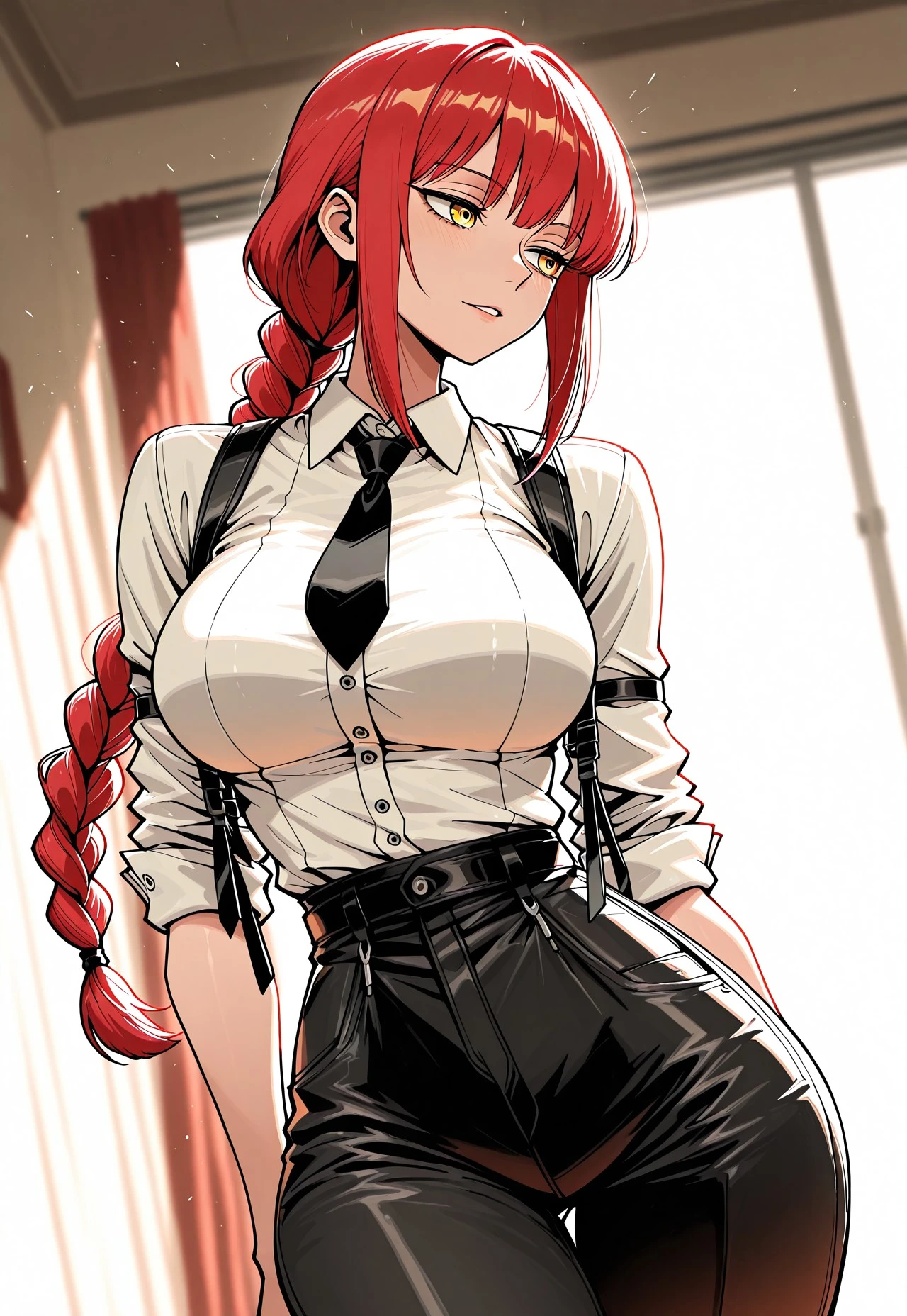 Twintail, red haired, 1girl, grey eyes, well toned, well built, muscled, toned muscles, formal attire, pixelated