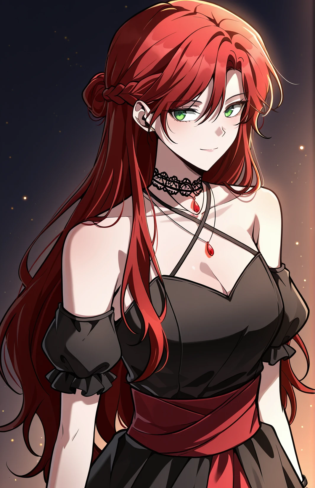 <lora:Infinite_Mage__Amy_Karmis_v2:1>
Amy3, 1 girl, solo, long red hair, french braid, braided bun, partially tied hair, side-swept bangs, hair between eyes, green eyes,
Amy_outfit6, black dress, criss-cross straps, bare shoulders, cleavage, black puff sleeves, red waistband, red inner skirt, high-low skirt, black choker, lace choker, red gem necklace, layered necklace, black bracelet,
score_9, score_8_up, score_7_up, score_6_up, source_anime, rating_explicit, masterpiece, best quality, intricate details, gothic fantasy, confident gaze, cinematic lighting, clean background, glowing magical particles, detailed face, vibrant colors, light smile