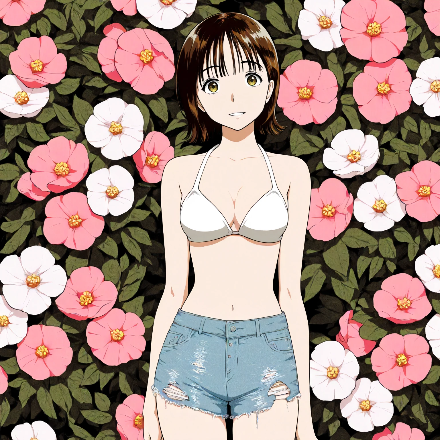 [[anime styled]],[[digitalart]],NSFW,1girl in,((background classroom)),standing,(Portrait),face focus/close up,Looking at Viewer,Tomomi_Xijing,red eyes,black hair,bow ribbon, Short hair,perfect anatomy,Smile,blush,((nude)), ((pink floral lace panties,pink floral lace bra,lingerie)),Perfect Lighting,(strong light),((brighten the subject)),oily skin,cury:1.2,,Best Quality,megami magazine,anime screen cap,Flat color,cel shading,Panties,short torso,