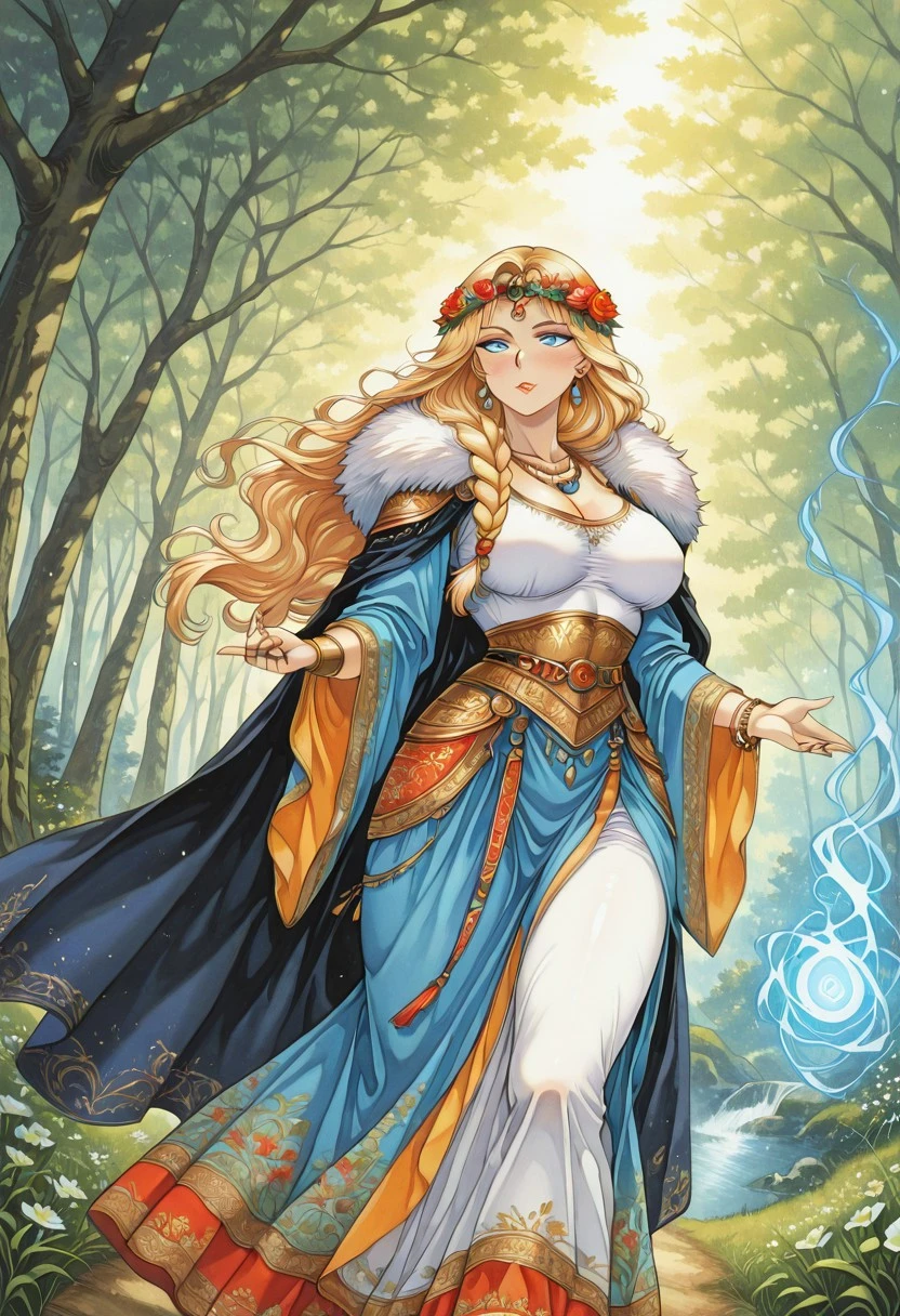FantasySlavicMS, 1girl, solo, curvy body, pale skin, very long hair, blonde hair, hair ornament, hair flower, headdress, single braid, messy hair, earrings, blue eyes, full lips, makeup, large breast, necklace, long dress, wide sleeves, dress ornament, bracelet, thick thighs, jewelry, rings, armor, beads, fur trim, gem, cape, magic,
masterpiece, best quality, fine details, intricate details, depth of field, subsurface scattering, bokeh, ultra-detailed, very aesthetic, detailed background, newest, scenery, highres, absurdres, colorful, vibrant, glowing, perfect face, 2d, perfect eyes,  vibrant saturated colors, volumetric lighting, sharp, detailed eyes, perfect anatomy,  perfect face, perfect eyes, mature body, clear eyes, beautiful eyes, athletic, curvy body, athletic girl, perky tits, perfect tits, round breasts, pinup pose, teasing, lustful expression, perfect hands, 
muscular female, dutch angle,  dynamic pose,
nature, flowers, trees, 
,Smooth Negative, Smooth_Quality,
90s_anime_aesthetic, 1990s (style), retro, retro artstyle