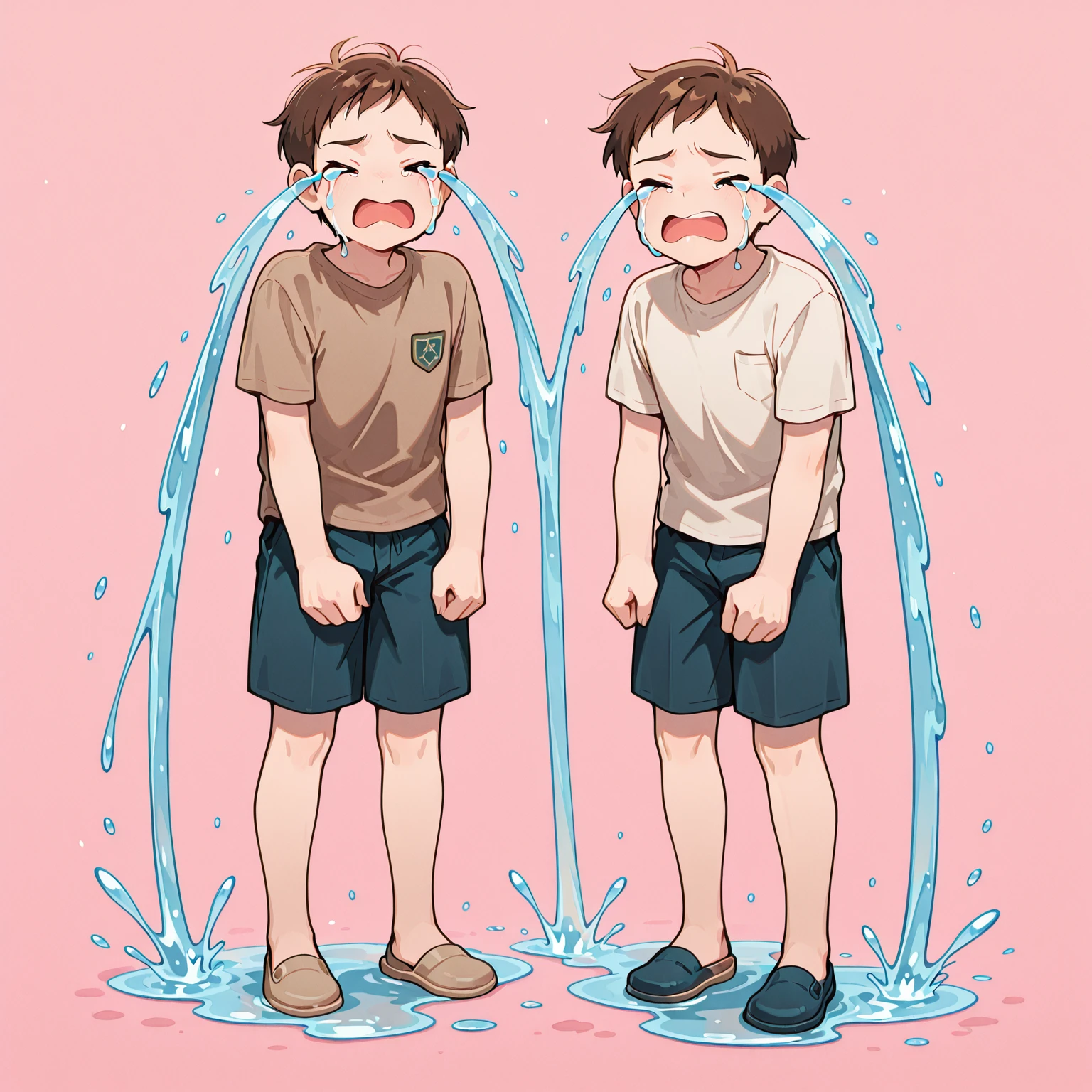 masterpiece, best quality, 2boys, ((masculine, male)), mature, open mouth, crying_river, brown hair, standing straight, crying, tears, simple pink background, full body, ((from distance)), <lora:crying_river:1>