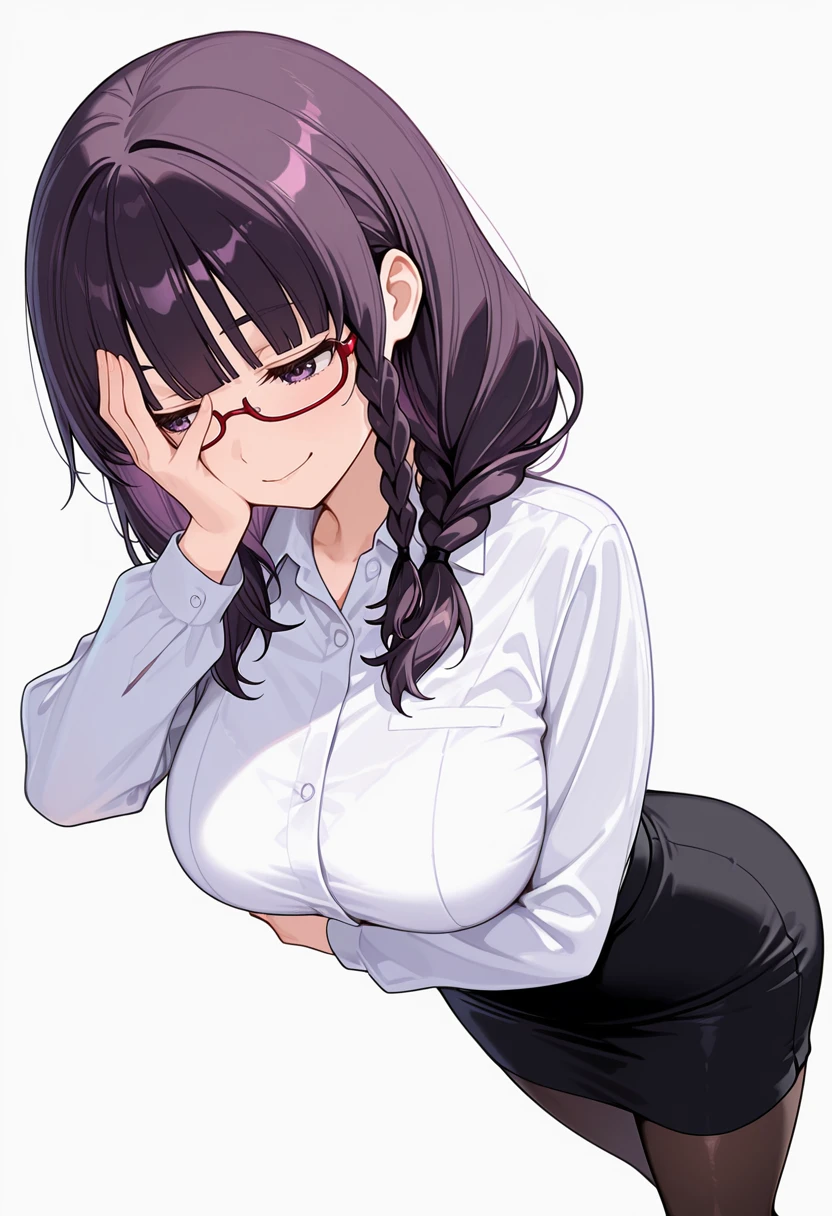 1 girl,black long hair,large breasts,red eyes,surprised,wide hips,curvy,glasses,black suit,miniskirt,black pantyhose,white shirt, opened black jacket,laing on back, arms up,The folder on the floor,living room