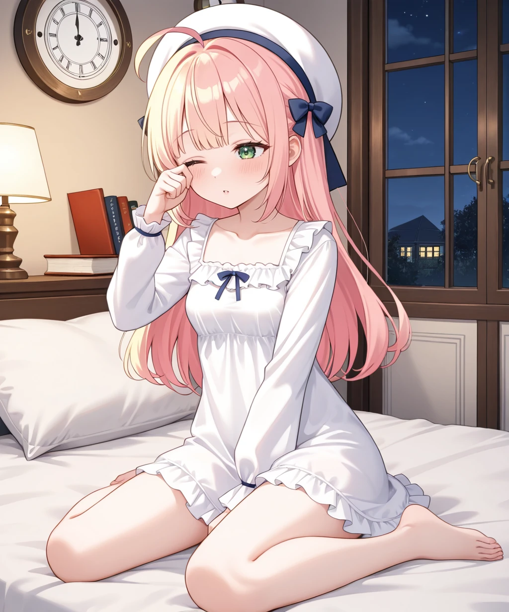 1girl,pink hair,solo,yellow hair,green eyes,ahoge,sitting,indoors,pillow,hat,barefoot,white dress,clock,dress,small breasts,long sleeves,breasts,lamp,book,wariza,hair bow,bare legs,bangs,collarbone,on bed,frills,full body,rubbing eyes,parted lips,blush,bookshelf,night,bed,