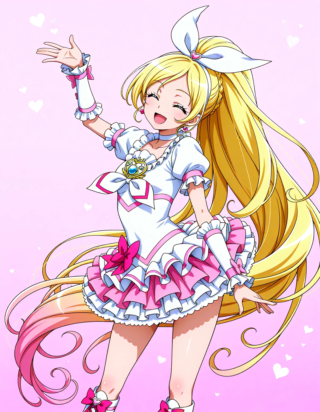 official style,masterpiece,best quality,newest,very aesthetic,highly detailed,high resolution,absurdres,highres,depth of field,super detailed skin,very awa,Anime,anime coloring,anime screencap,<lora:Cure_Rhythm_V3:1>,cure rhythm,solo,blonde hair,ponytail,very long hair,braid,eyelashes,green eyes,hair ornament,white hairband,hair bow,white bow,heart earrings,white choker,ribbon choker,brooch,pink bow,wrist cuffs,white dress,white neckwear,frilled skirt,white skirt,puffy short sleeves,frilled sleeves,arm warmers,layered skirt,knee boots,white footwear,cross-laced footwear,posing,smile,<lora:dmd2_sdxl_4step_lora_fp16:1>,open mouth,closed eyes,arched_back,