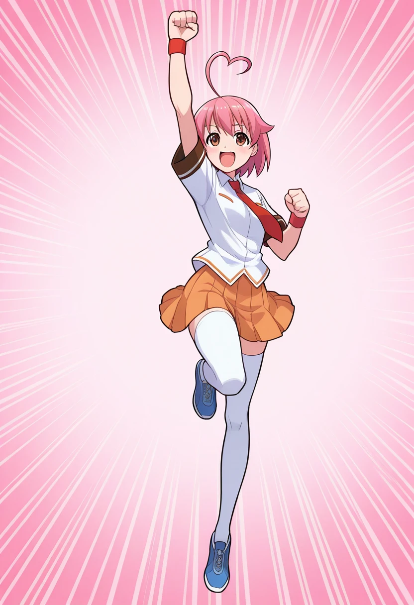 shoryudp, arm up, punching, uppercut, knee up, jumping, 1girl, solo, ainohaato, pink hair, short hair, heart ahoge, brown eyes, shirt, short sleeves, necktie, wristband, skirt, school uniform, thighhighs, blue shoes, full body, open mouth, smile, pink background, emphasis lines,