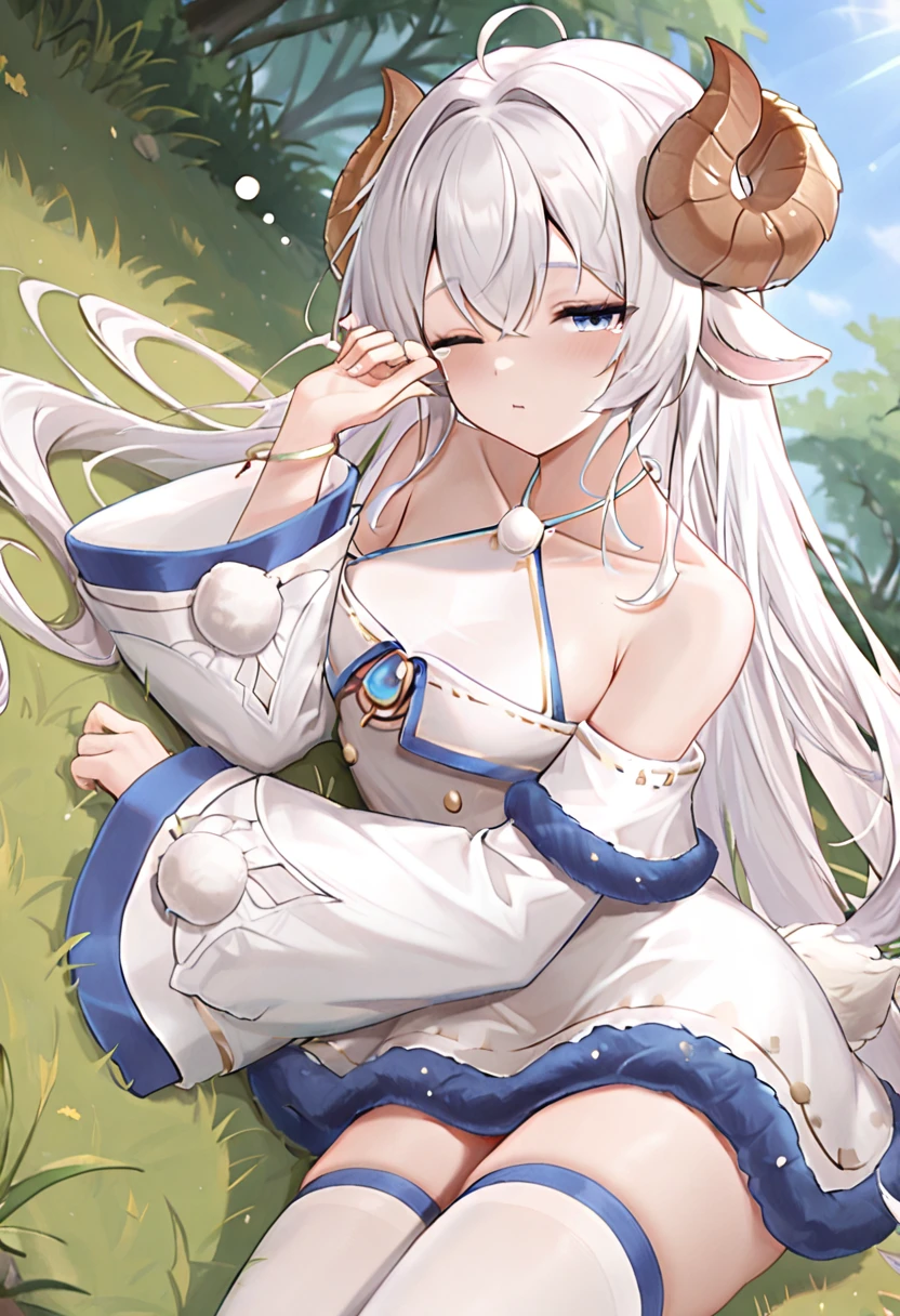 (high quality,masterpiece), 1girl, sheep girl, (completely white skin), curled black horns,curly white hair, furry, white fur, yellow eyes, smiling, nipples, large breasts, cleavage, cute, outdoors, view from above, looking up at viewer, closeup, breasts