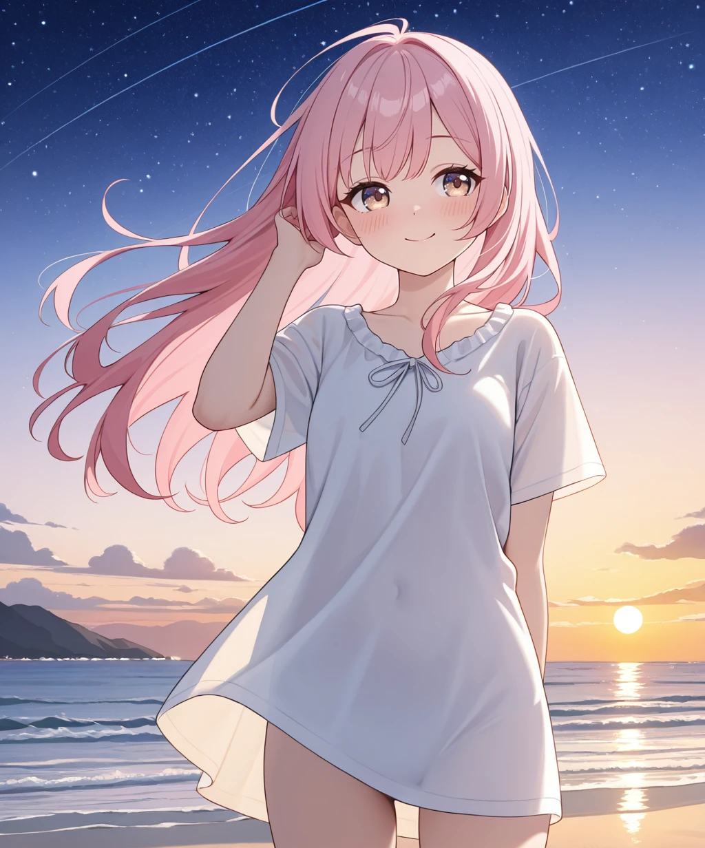 lazypos,sunset,beach,1girl,pink hair,long hair,windy,happy,hand_in_hair,standing,warm atmosphere,homewear,teen,light_blush,shiny_eyes,looking_away,smile,bust,from_side,starry sky,
