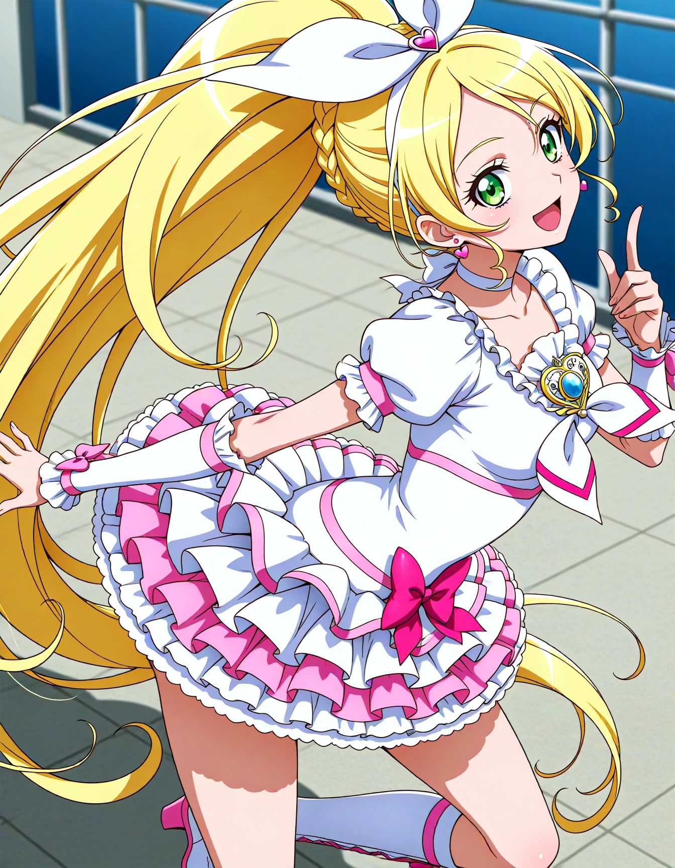 official style,masterpiece,best quality,newest,very aesthetic,highly detailed,high resolution,absurdres,highres,depth of field,super detailed skin,very awa,Anime,anime coloring,anime screencap,<lora:Cure_Rhythm_V3:1>,cure rhythm,solo,blonde hair,ponytail,very long hair,braid,eyelashes,green eyes,hair ornament,white hairband,hair bow,white bow,heart earrings,white choker,ribbon choker,brooch,pink bow,wrist cuffs,white dress,white neckwear,frilled skirt,white skirt,puffy short sleeves,frilled sleeves,arm warmers,layered skirt,knee boots,white footwear,cross-laced footwear,posing,smile,<lora:dmd2_sdxl_4step_lora_fp16:1>,open mouth,arched_back,