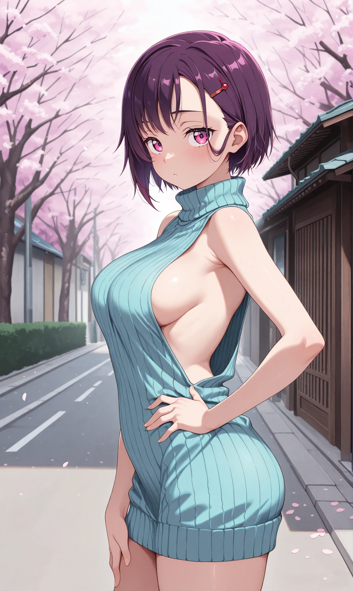 Residential Street,A girl in an erotic lace pink dress with visible nipples dances,Crowd in underwear,Surrounded by paparazzi,Dance vigorously、Shorthair twin tails,Purple Hair