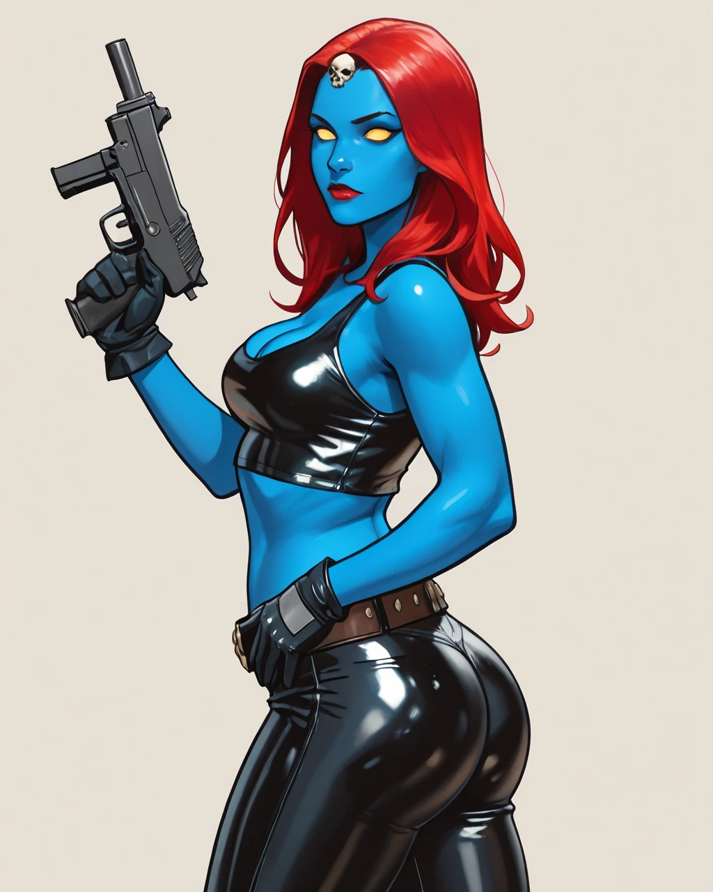 Raven Darkholme, 1girl, solo, looking at viewer, large breasts, thighhighs, gloves, holding, bare shoulders, standing, full body, weapon, red hair, boots, elbow gloves, belt, white gloves, holding weapon, white leotard, lips, gun, colored skin, thigh boots, clenched hand, holding gun, pelvic curtain, skull, blue skin, forehead jewel, submachine gun, solid eyes, <lora:Mystique:0.7> ThiccNes