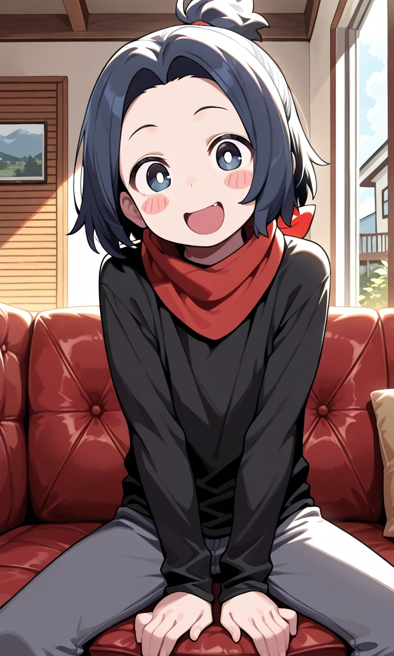 john, white pupils, male focus, solo, open mouth, black shirt, shirt, on couch, house, indoors, sitting, red scarf, blush, looking at viewer, scarf, long sleeves, blush stickers, smile, grey pants, BREAK ((ultra-detailed)), ((best quality)), ((beautiful eyes)), ((extremely detailed)), 4K, (8K), best quality, (beautiful), Master piece, highres, best quality, official art, highres, masterpiece, detailed background, high quality background, lighting,
